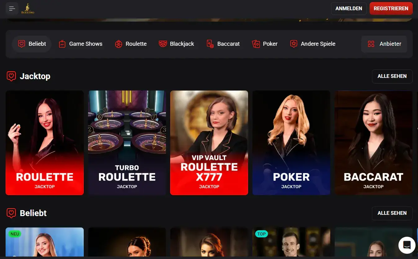 Aktuelle Rollero Live Casino Lobby mit Blackjack, Roulette, Baccarat und Game Shows