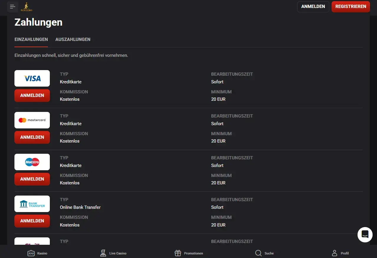 Aktuelle Rollero Payments-Seite mit Einzahlungs- und Auszahlungsmethoden