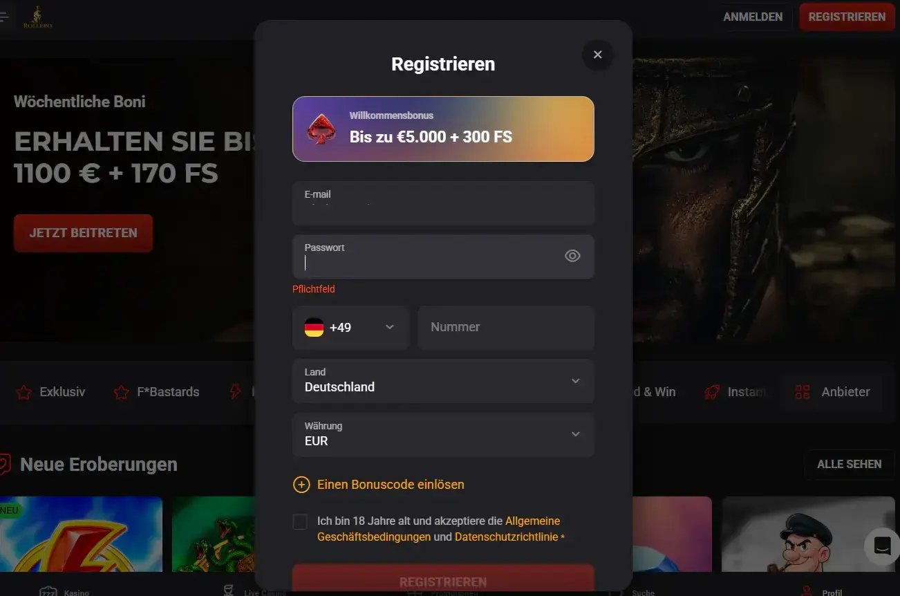 Aktuelle Rollero Registrierungsoberfläche für ein neues Spielerkonto