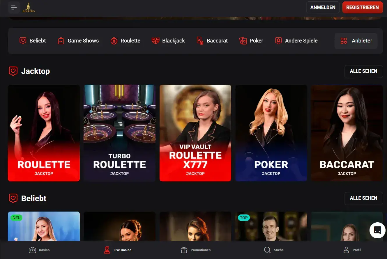 Aktuelle Rollero Spiele-Lobby mit Kategorien und verschiedenen Spieleanbietern