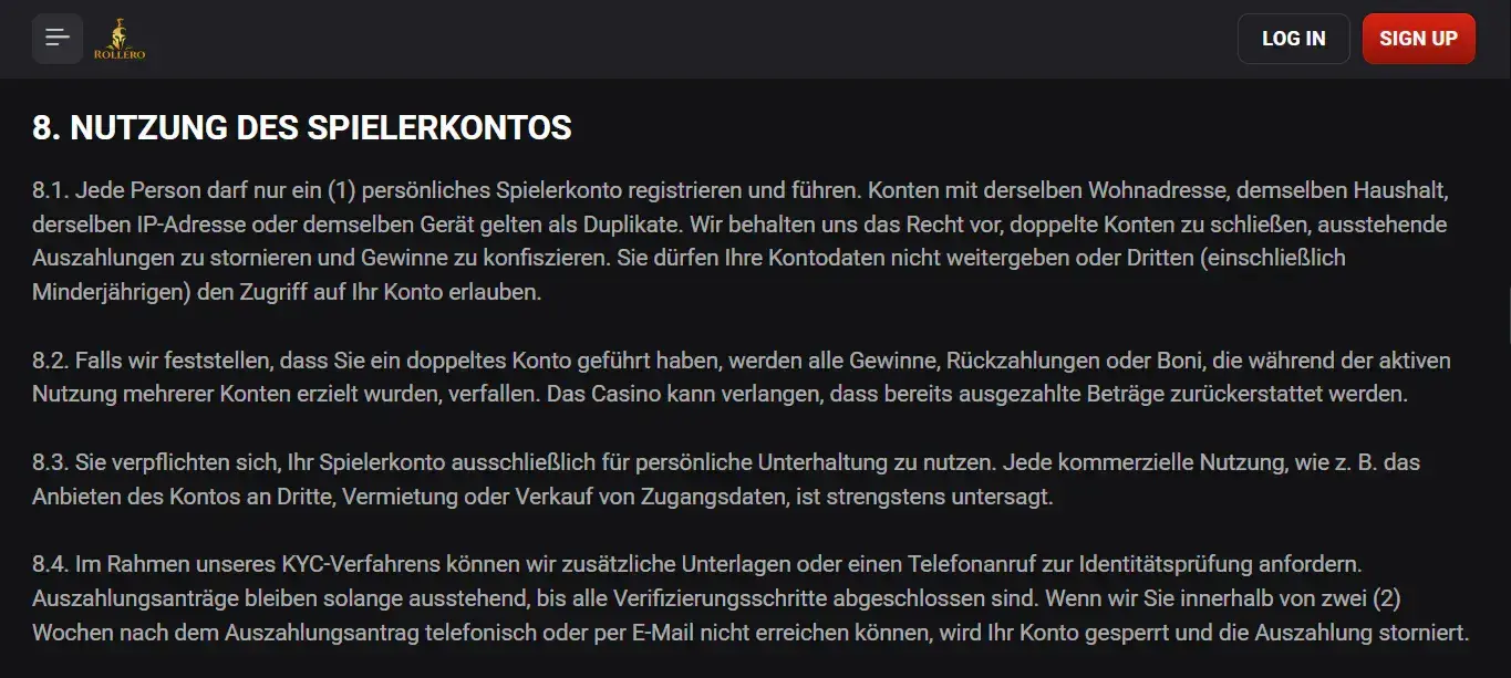 Aktueller Rollero Terms Abschnitt zu KYC und Identitätsprüfung