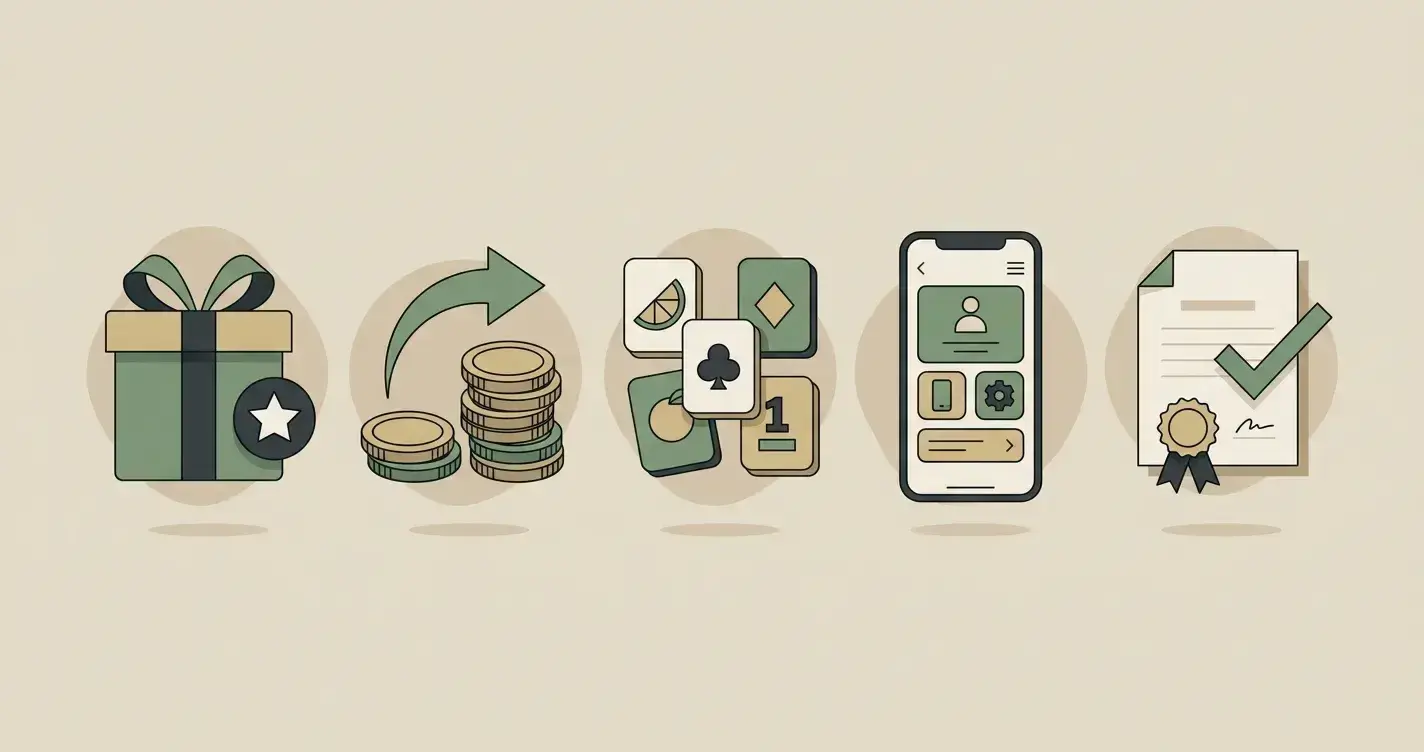 Illustrative Checkliste mit Bonus, Auszahlung, Spiele, Mobile und Lizenz als Prüfpunkte